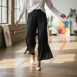 Heipeiwa Women's Shiny Pleated Wide Leg Pants  High Waist Trouser Large